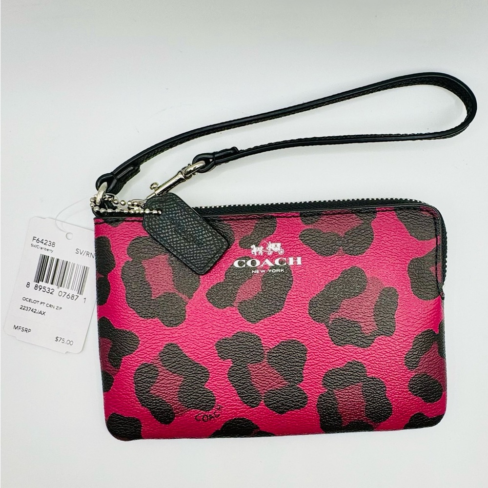 Pink and Black Leopard Coach Wristlet Corner Zip Pouch Ocelot Clutch Purse
